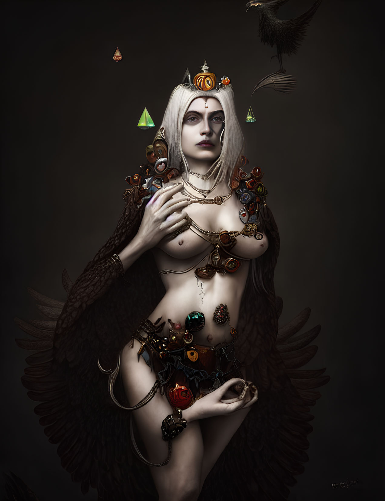 Fantasy-themed artwork of pale figure with wings and crow.