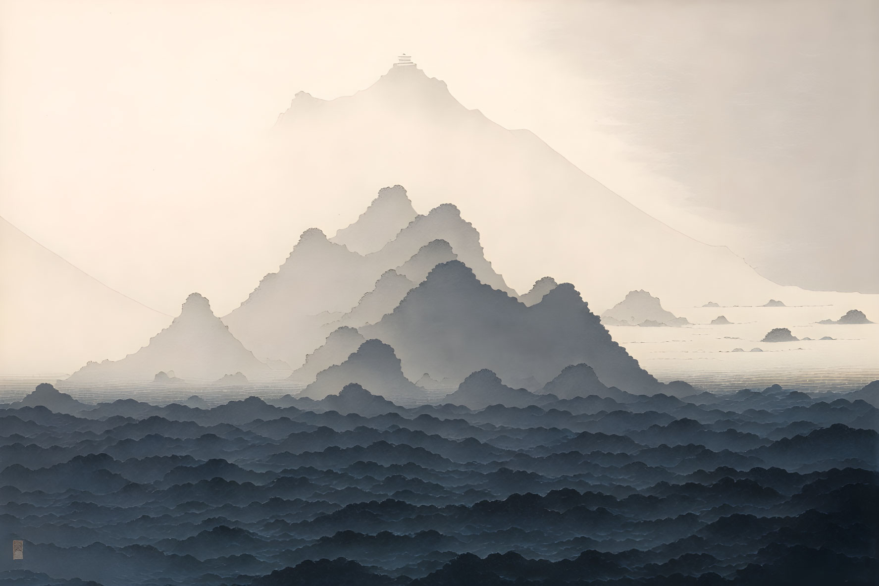 Ink-wash painting of misty mountains with temple