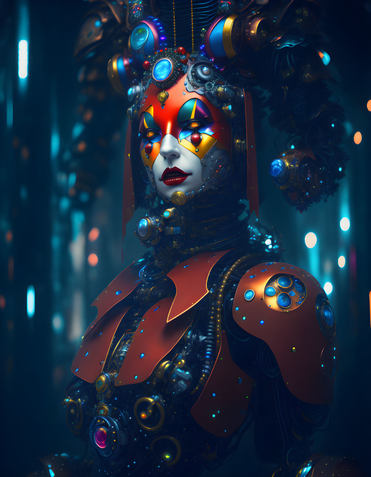 Sophisticated android with stylized mask face and glowing jewels in blue-lit setting