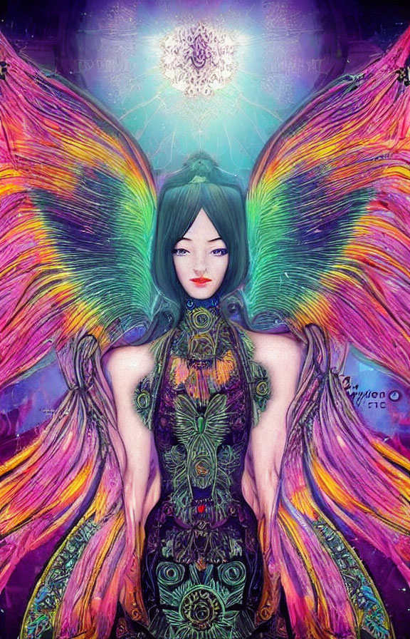 Colorful Female Figure with Butterfly Wings and Tattoos on Psychedelic Background