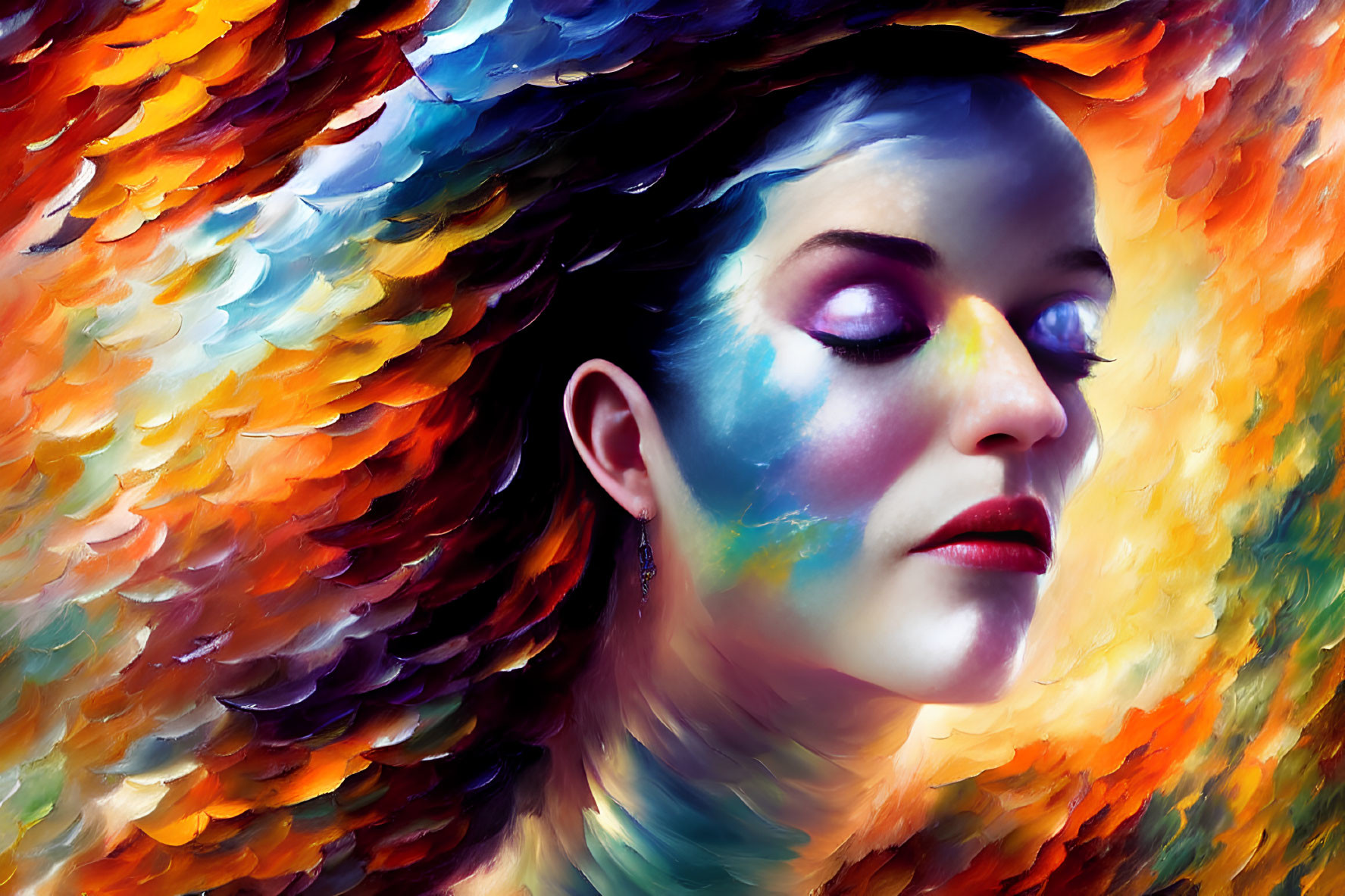 Colorful Makeup Portrait Against Fiery Brush Stroke Backdrop