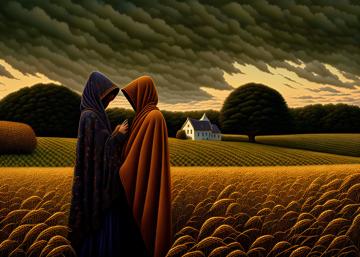 Traditional attire couple in wheat field with house and dramatic sky