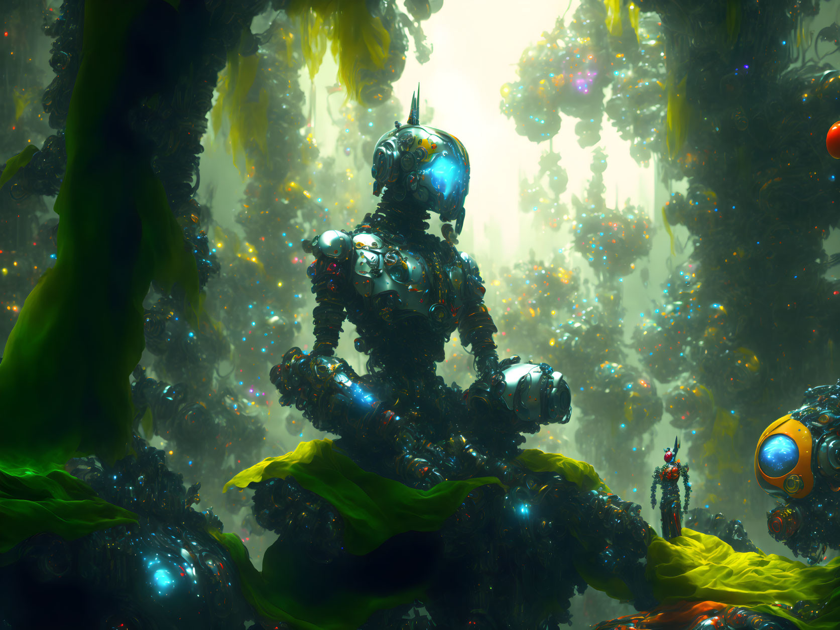 Humanoid robot in alien forest with luminous plants and distant figure