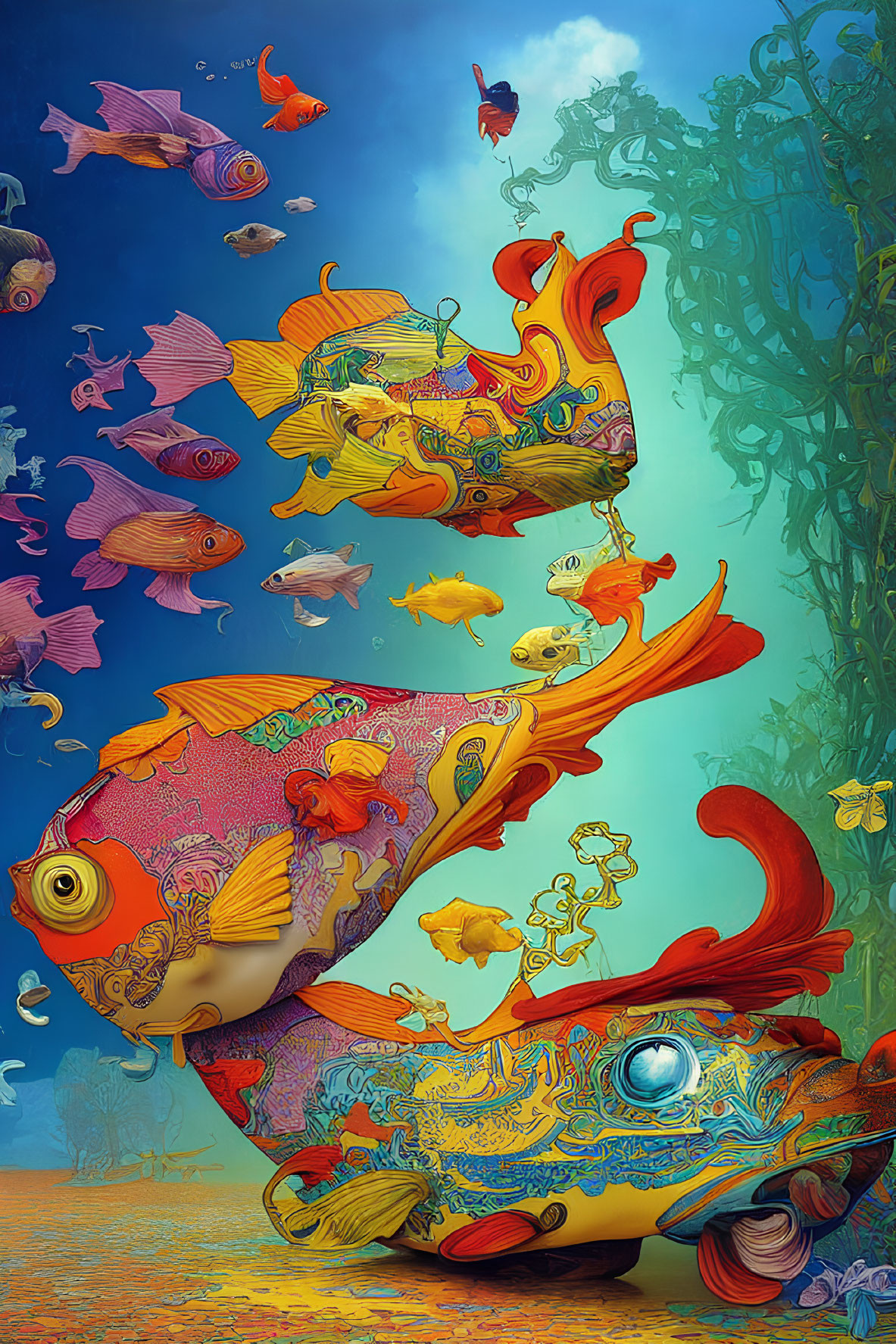 Colorful digital artwork of ornate fish swimming in coral and seaweed on blue gradient.