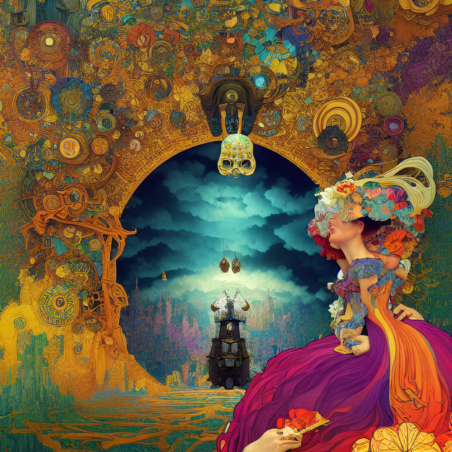 Colorful surreal artwork: Woman in gown with mechanical elements, skull, crystals, whimsical cityscape