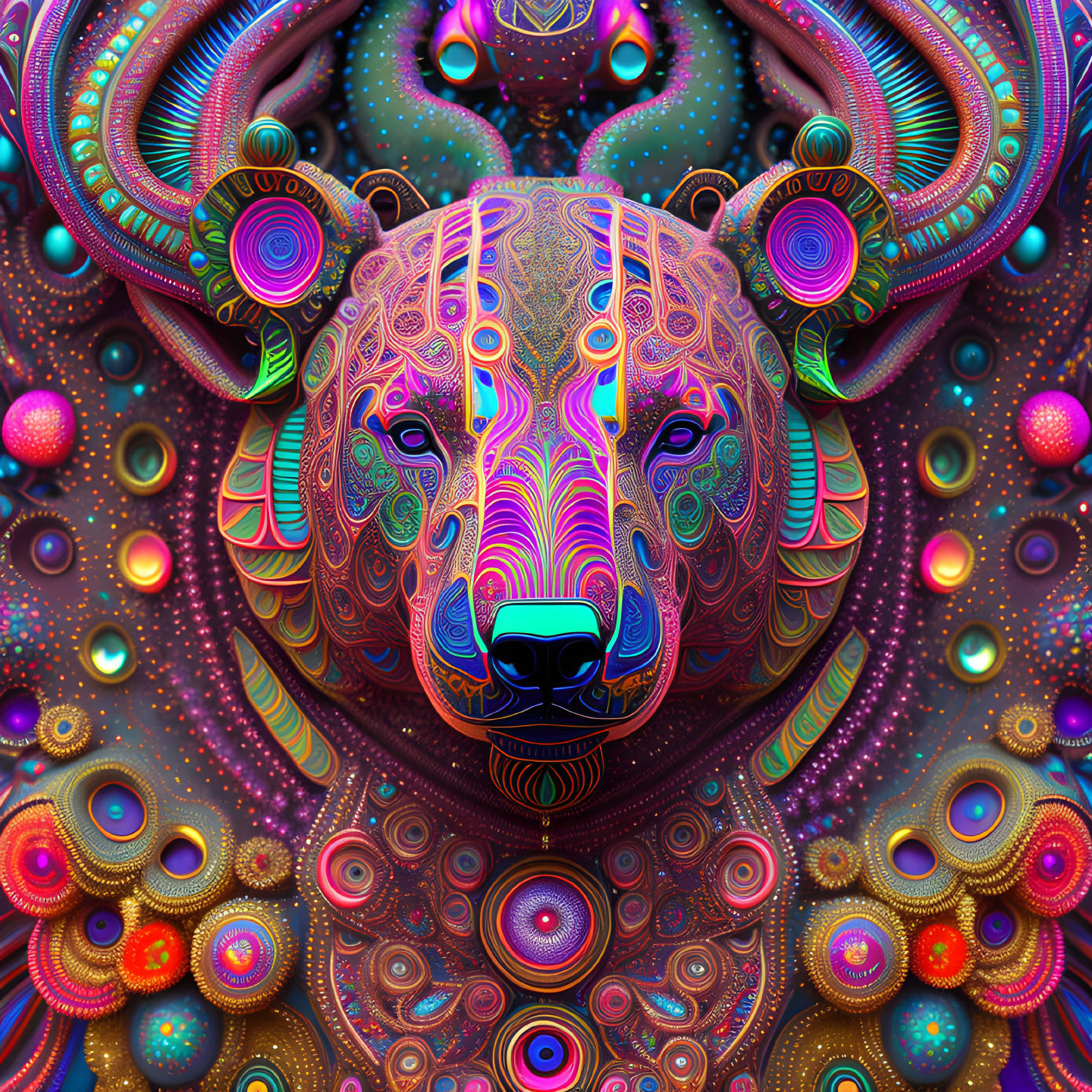 Symmetrical Bear Face Artwork with Psychedelic Colors