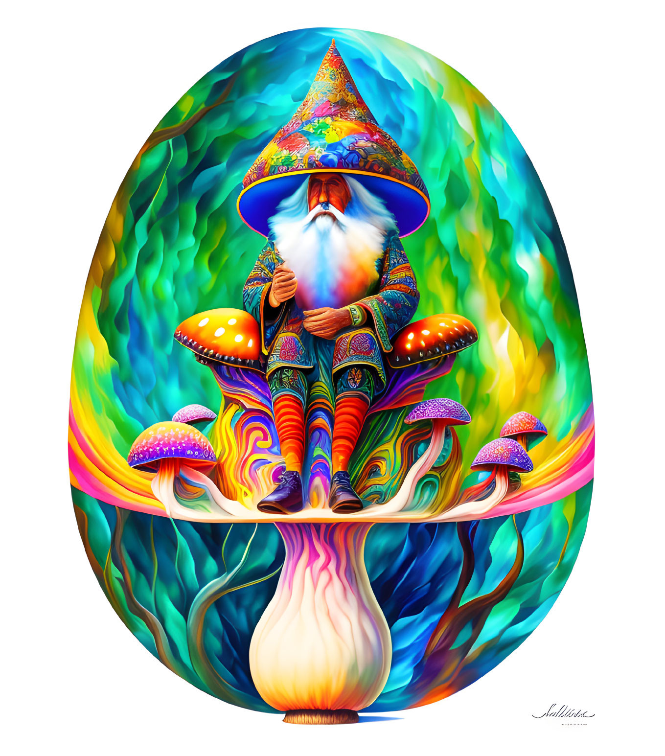 Vibrant Bearded Wizard on Mushroom with Swirling Patterns