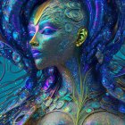 Colorful digital artwork of stylized woman with metallic adornments