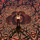 Figure in surreal vortex surrounded by floating books and sculptures.