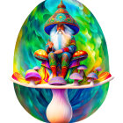 Vibrant Bearded Wizard on Mushroom with Swirling Patterns