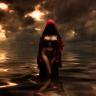 Figure in Red Cloak Sitting in Shallow Water at Sunset with Boat in Distance