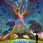 Colorful psychedelic landscape with giant tree, orbs, mushrooms, and starlit sky