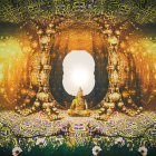 Colorful artwork of serene temple with meditating figures, lion, and glowing light