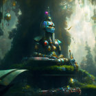 Blue-skinned figure in golden armor in glowing forest setting.