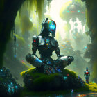 Humanoid robot in alien forest with luminous plants and distant figure