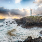 Illustration of stylized waves with lighthouse, pier, and mountain under cloudy sky