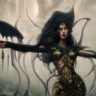 Fantasy artwork of warrior woman in dark armor with winged helmet, staff, under pale sun