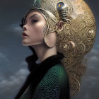 Surreal portrait featuring woman with clockwork headpiece merging into moon