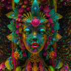 Colorful digital portrait of female figure with jewels, feathers, and intricate patterns