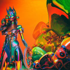 Colorful futuristic digital art of armored female figure in surreal landscape