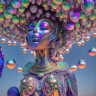 Vibrant futuristic female figure with iridescent headpiece and metallic blue skin