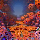 Colorful alien landscape with towering mushroom trees & warm atmosphere