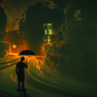 Futuristic cityscape at night with solitary figure and umbrella