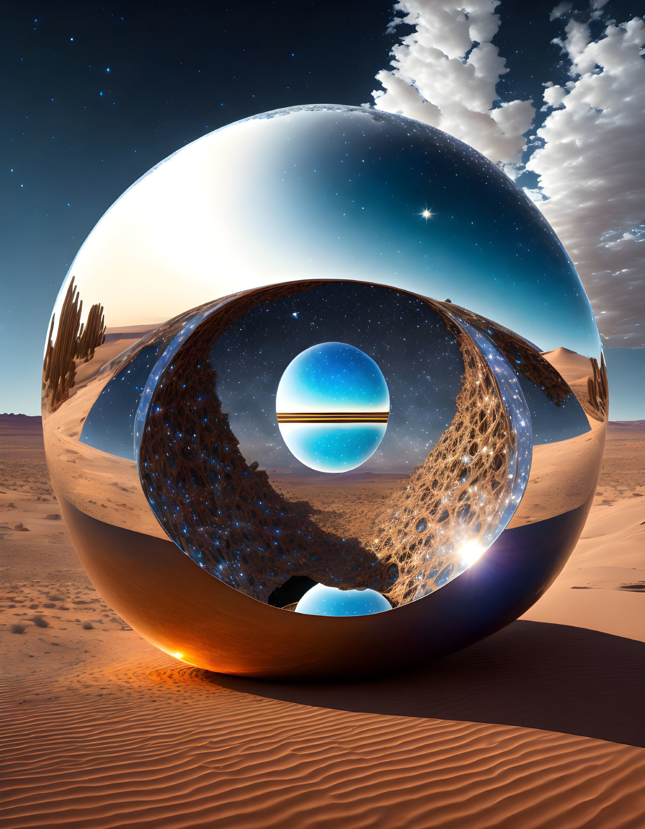 Surreal desert landscape with reflective spheres and starry sky