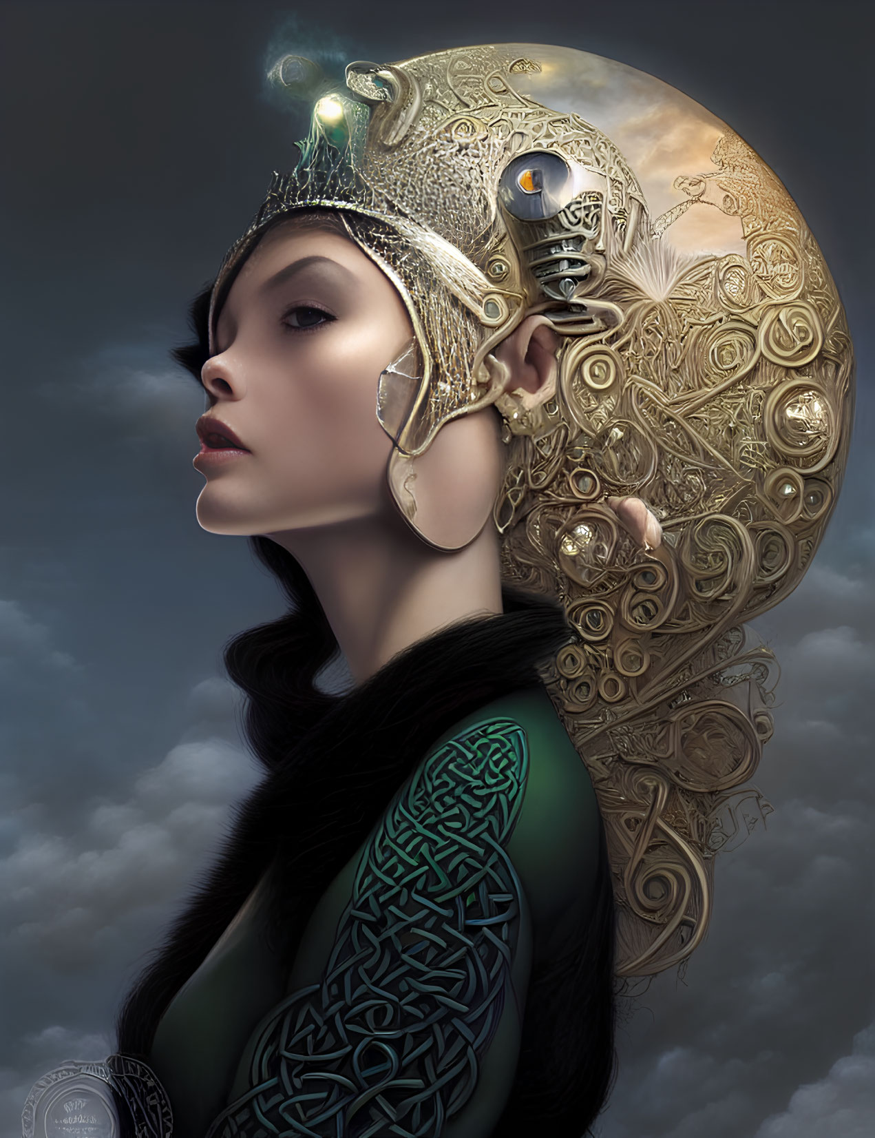 Digital artwork: Woman with metallic headdress and robotic figure in circular design against cloudy sky