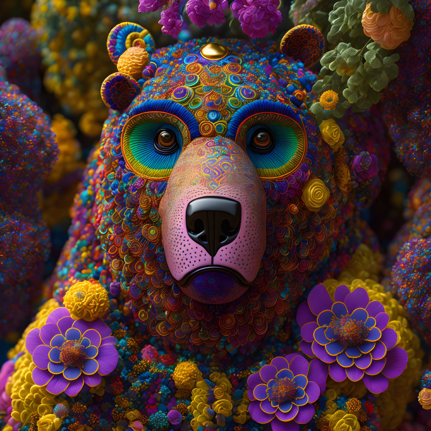 Colorful Textured Bear with Blue Eyes and Floral Patterns