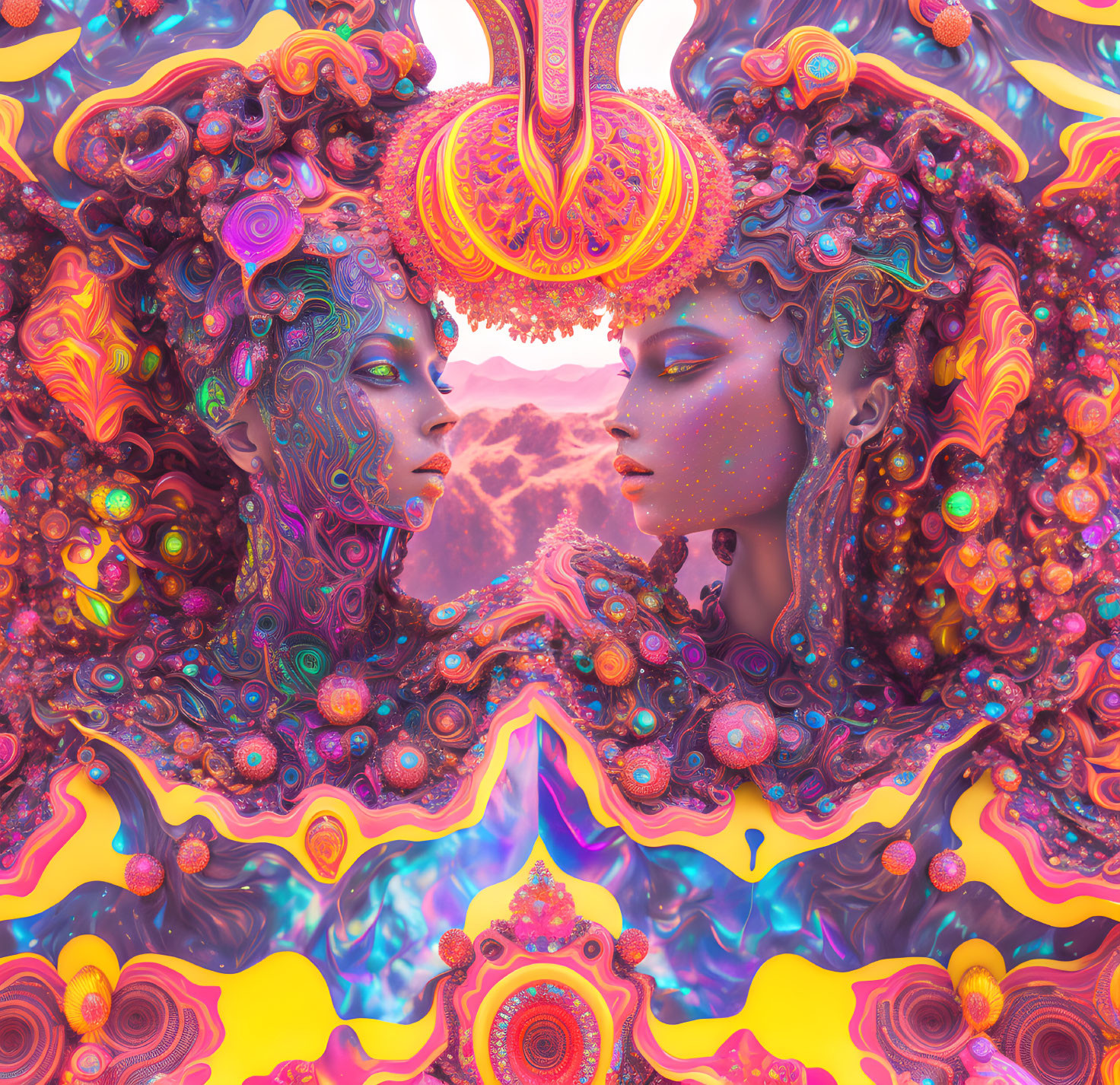 Symmetrical fantastical faces in vibrant digital art