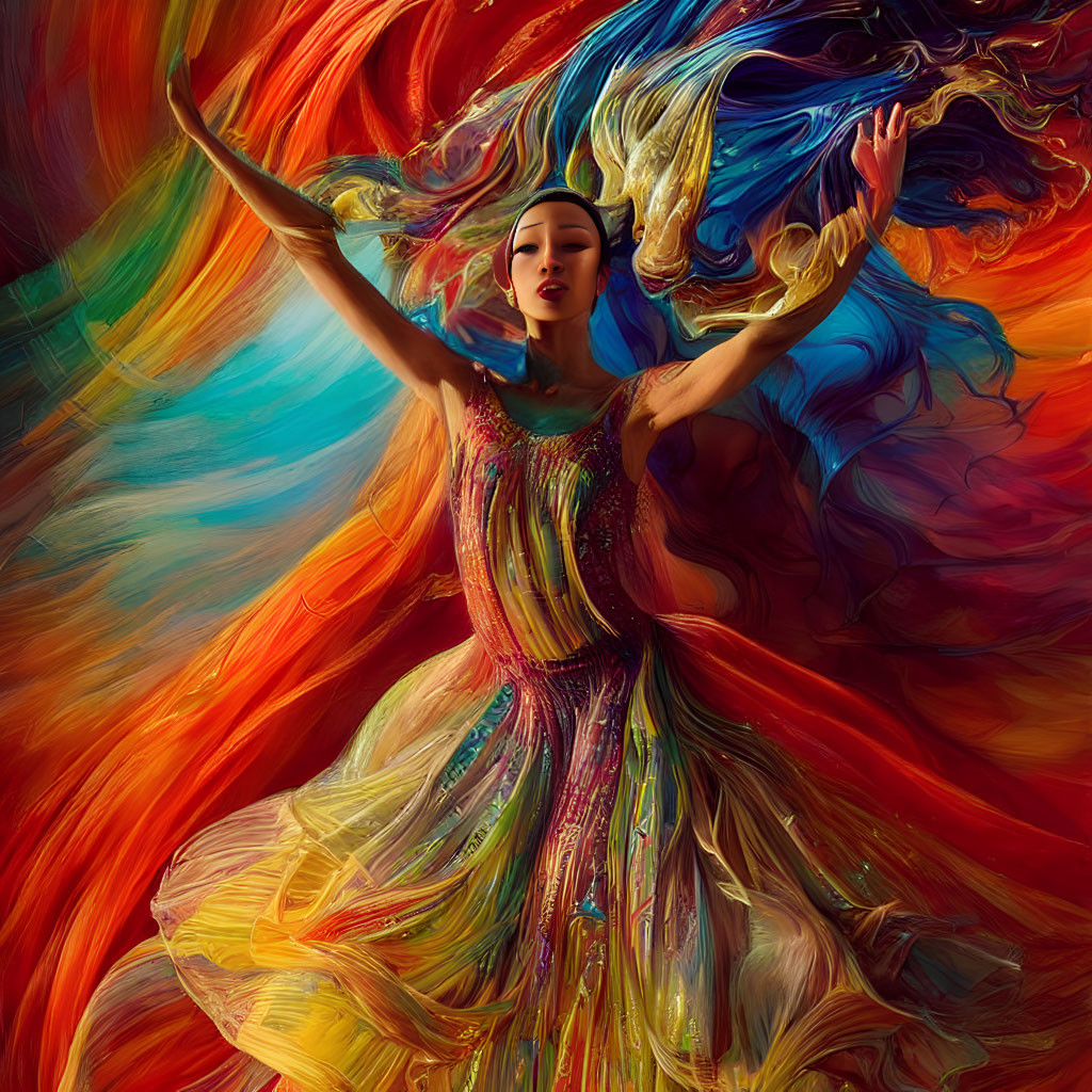 Colorful Artwork: Woman Dancing in Vibrant Fiery Spectrum