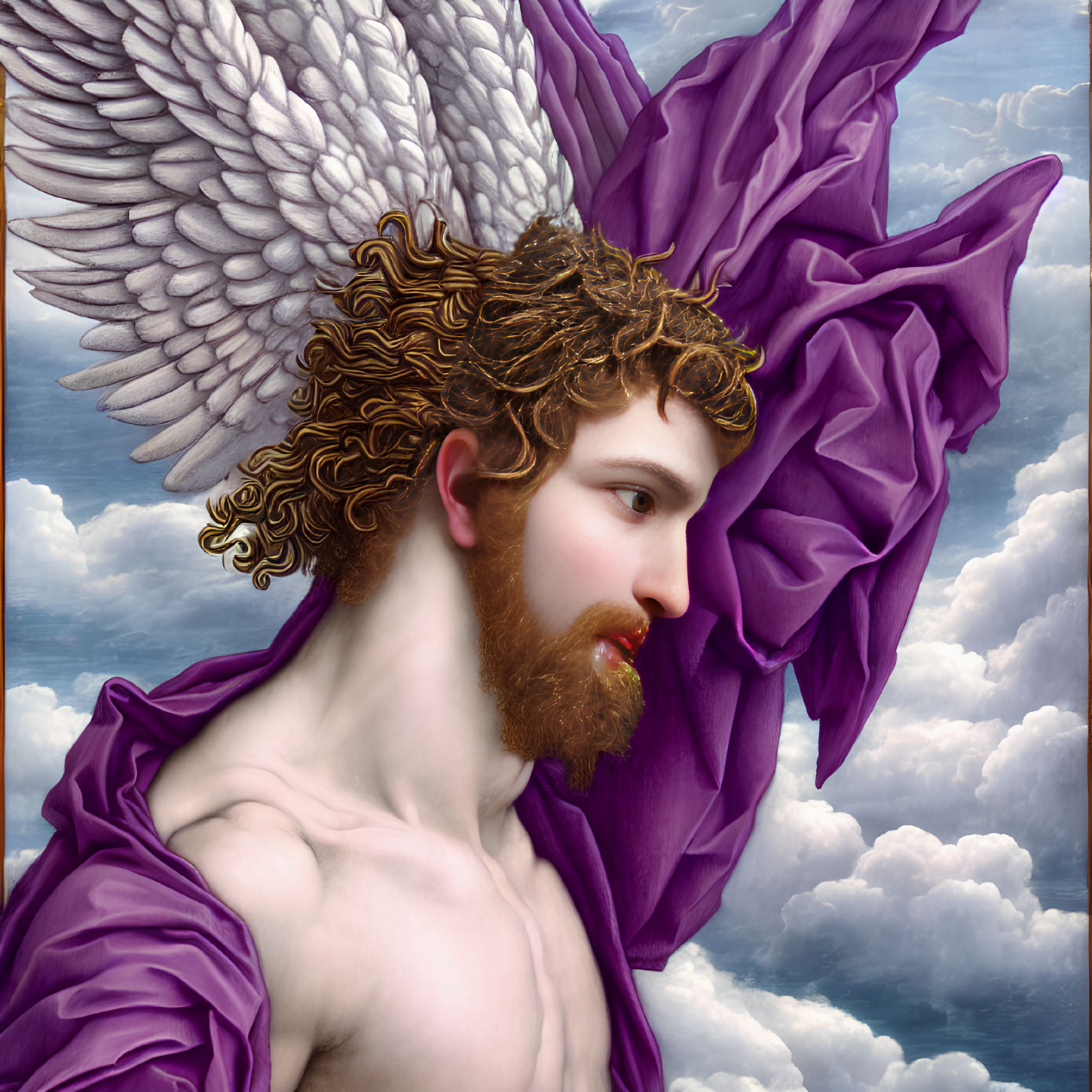 Angel with White Wings and Purple Robe in Cloudy Sky