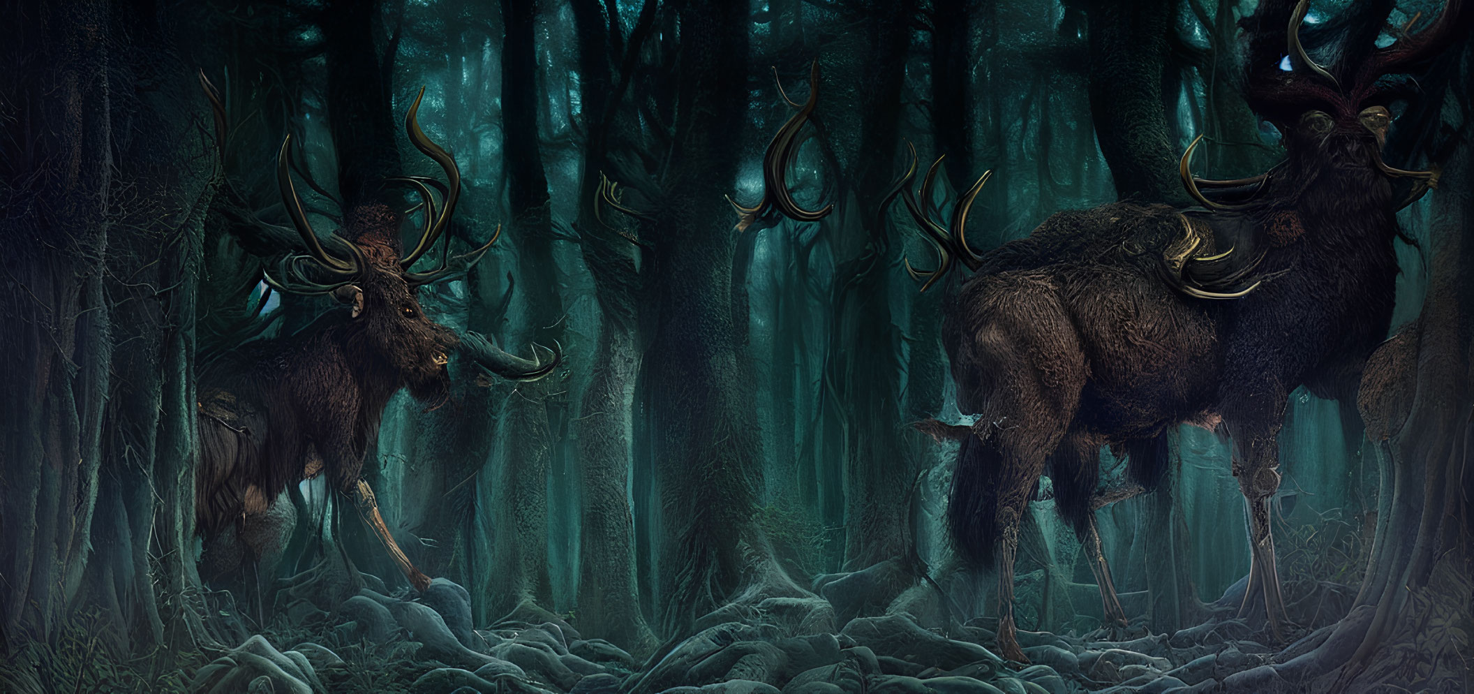 Majestic stag-like creatures in mystical forest