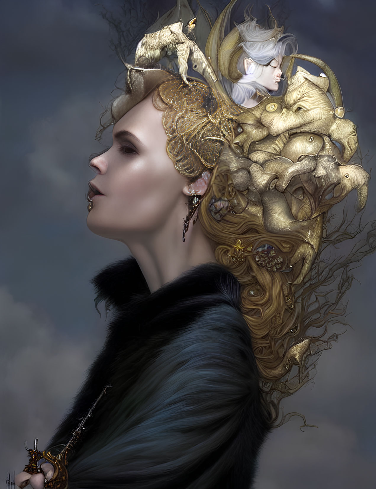 Woman with Lavish Gold Headpiece and Fur Cloak on Cloudy Background