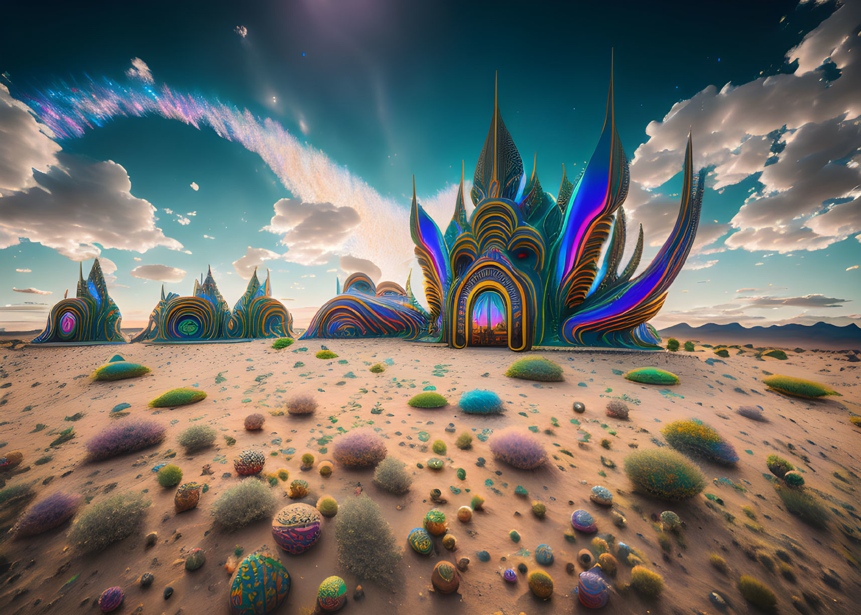 Vibrant multicolored desert landscape with peacock feather-inspired structures