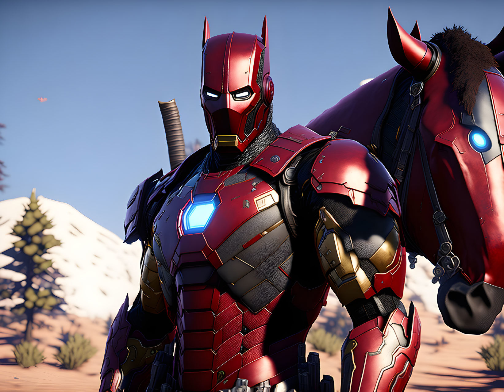 Red and gold armored suit next to a futuristic horse in desert landscape