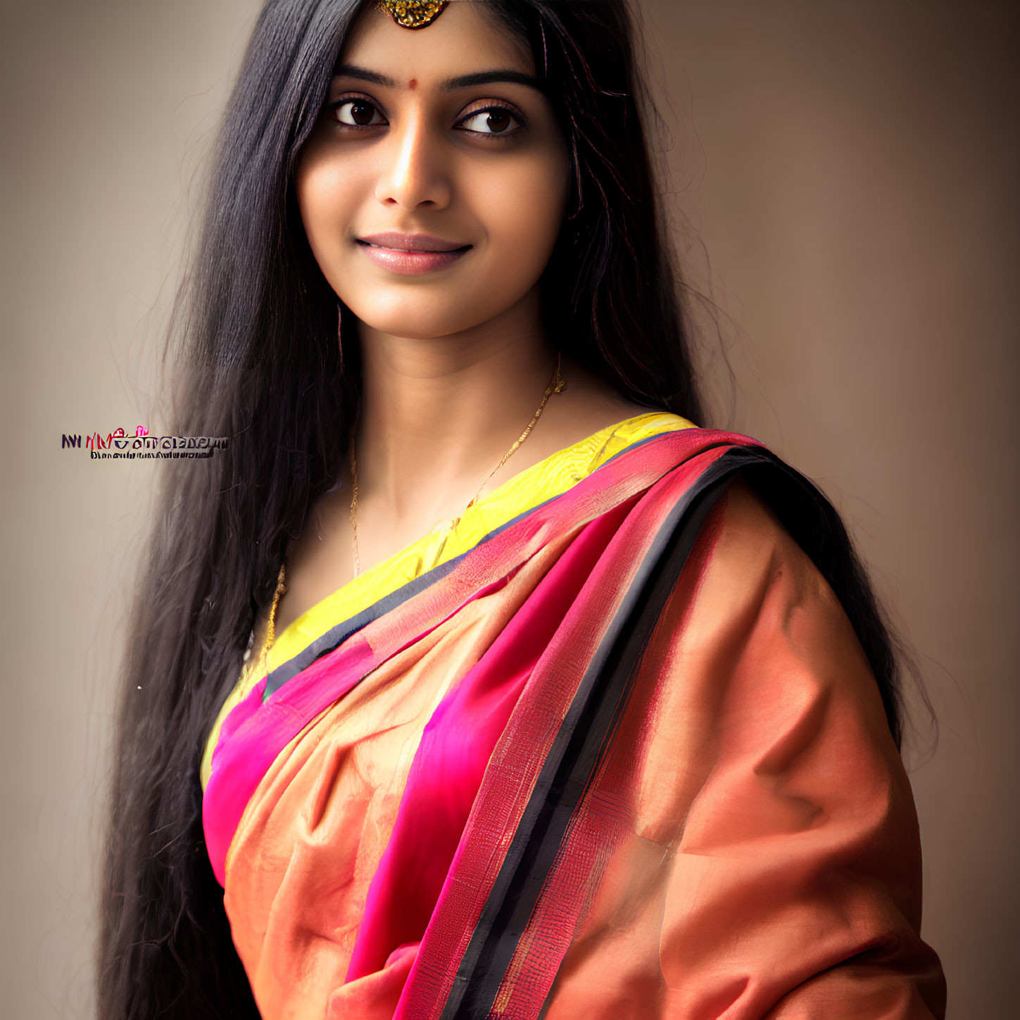 Portrait of Woman in Traditional Orange Saree with Dark Hair