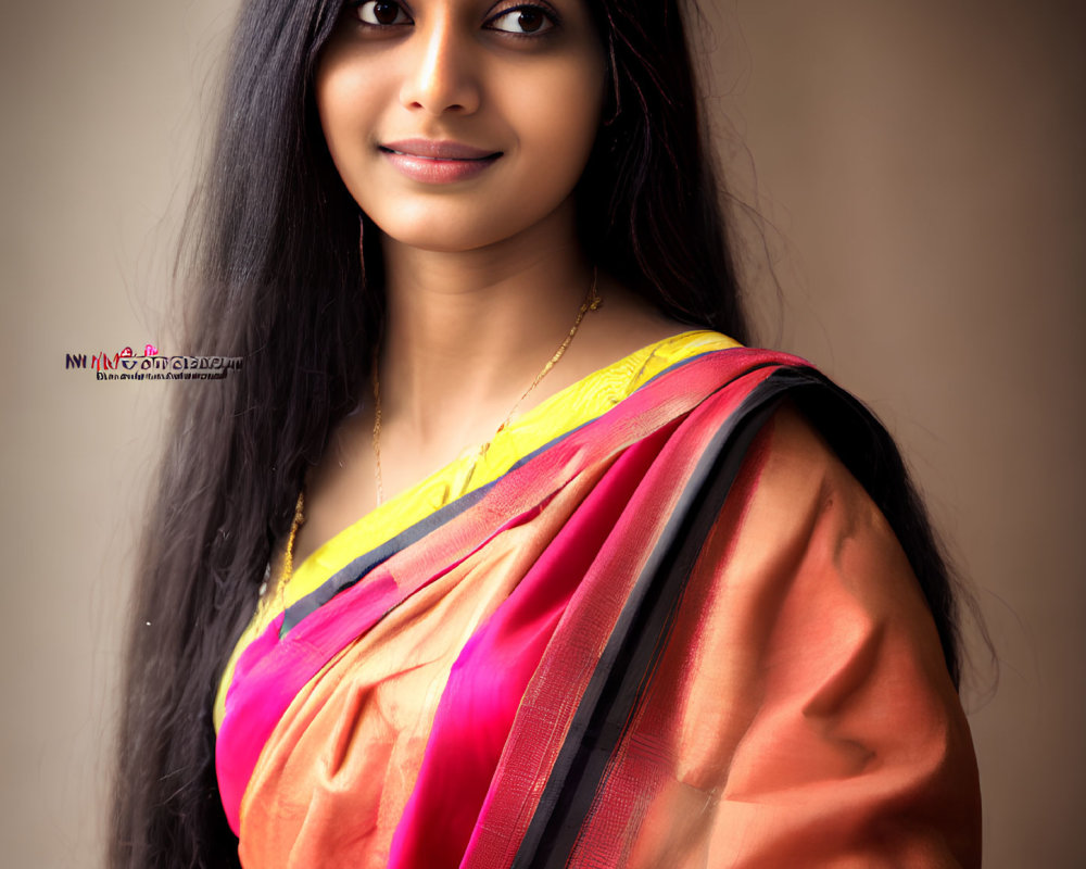 Portrait of Woman in Traditional Orange Saree with Dark Hair