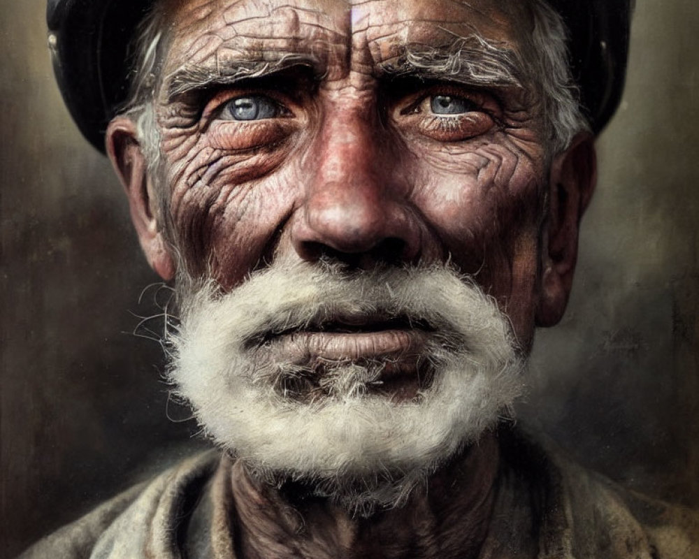 Weathered elderly man with blue eyes and white mustache in helmet gazes intently.