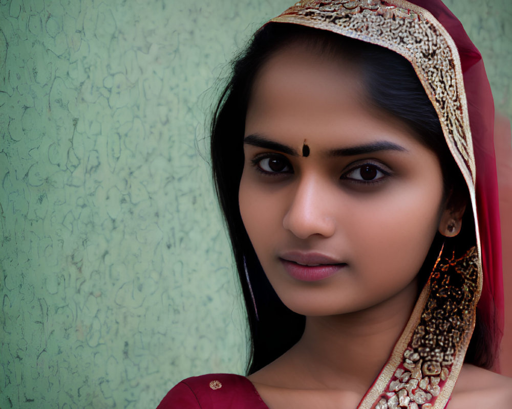 Woman with red and gold headscarf and bindi against green textured background