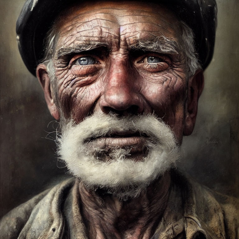 Weathered elderly man with blue eyes and white mustache in helmet gazes intently.