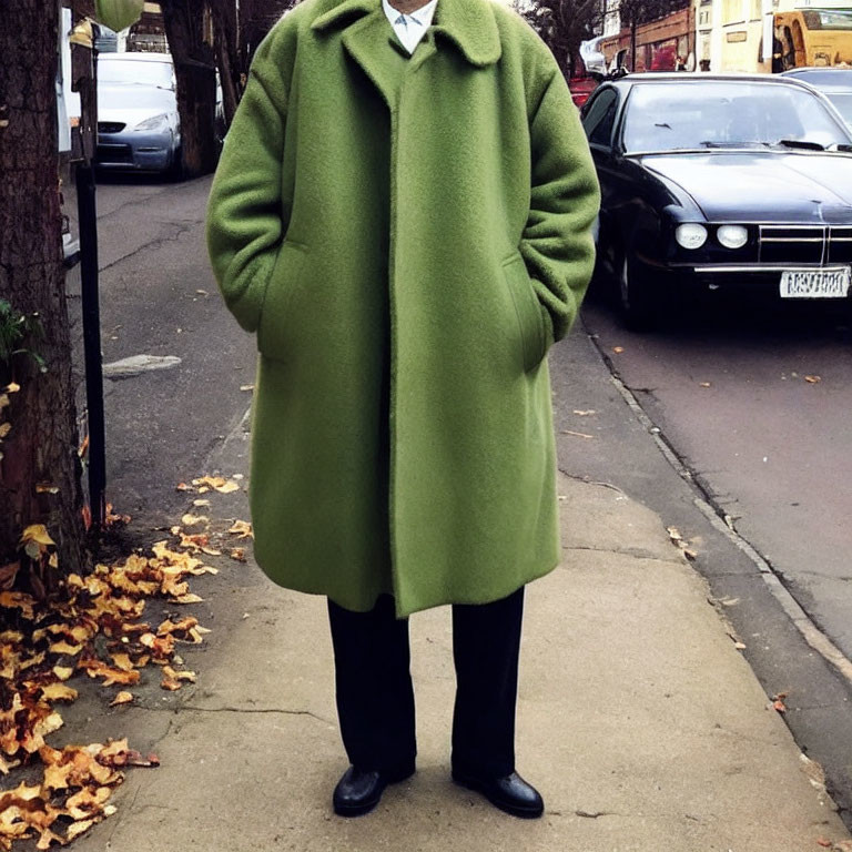 Person in Large Green Coat Standing on Sidewalk with Fallen Leaves