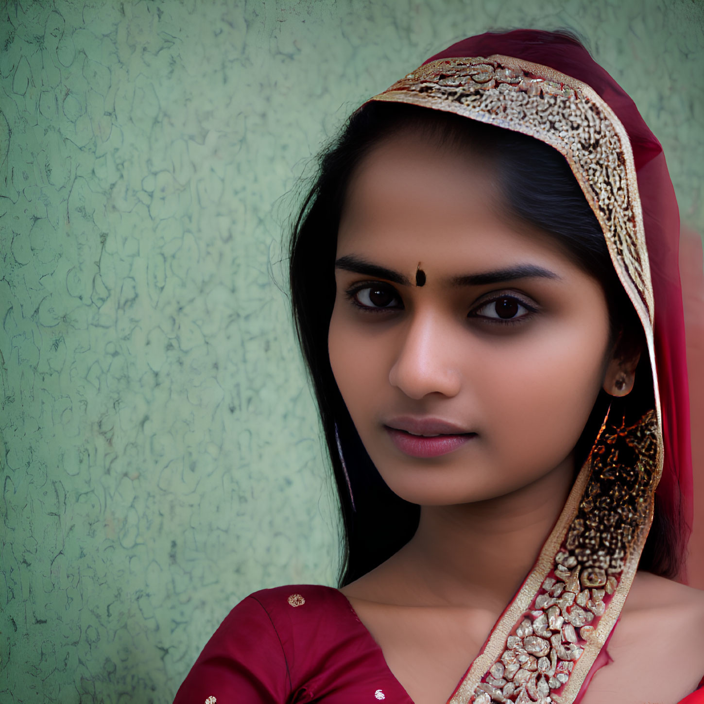 Woman with red and gold headscarf and bindi against green textured background