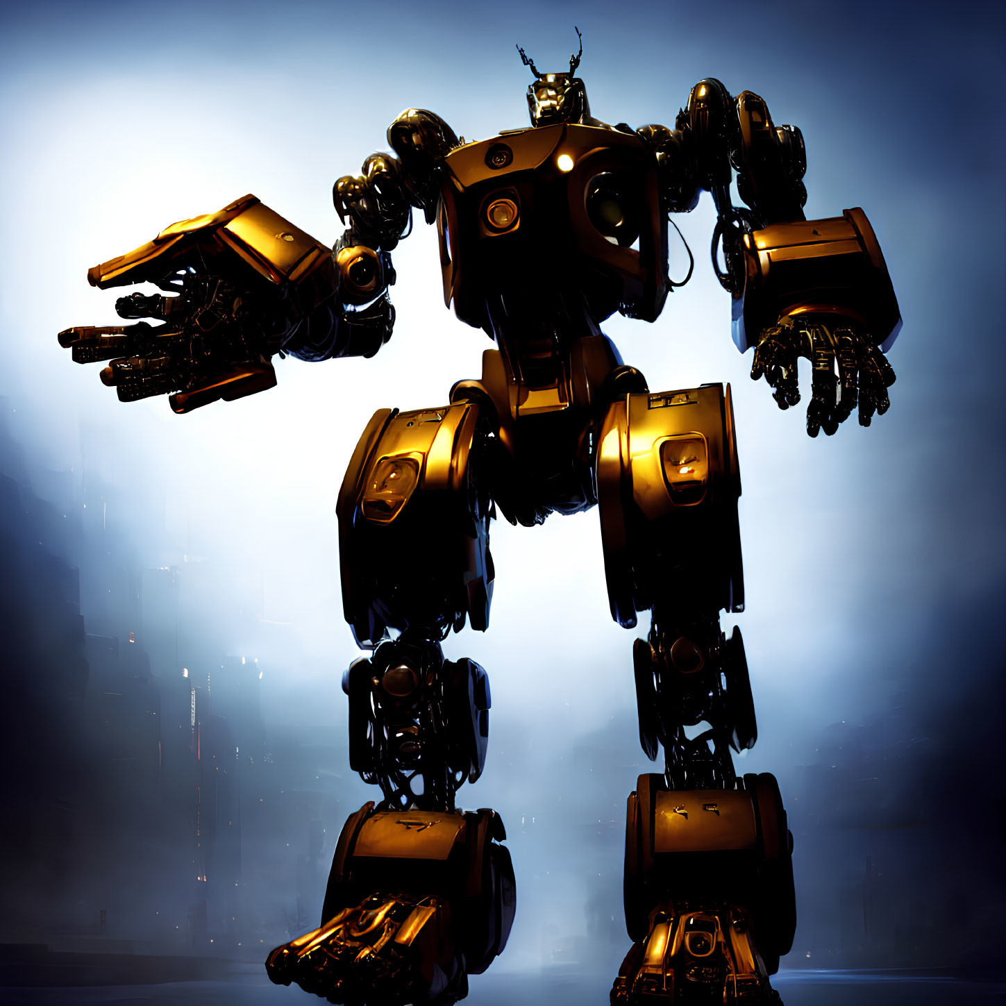 Golden and Black Humanoid Robot in Dramatic Pose with Blue Backlight