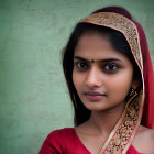 Woman with red and gold headscarf and bindi against green textured background