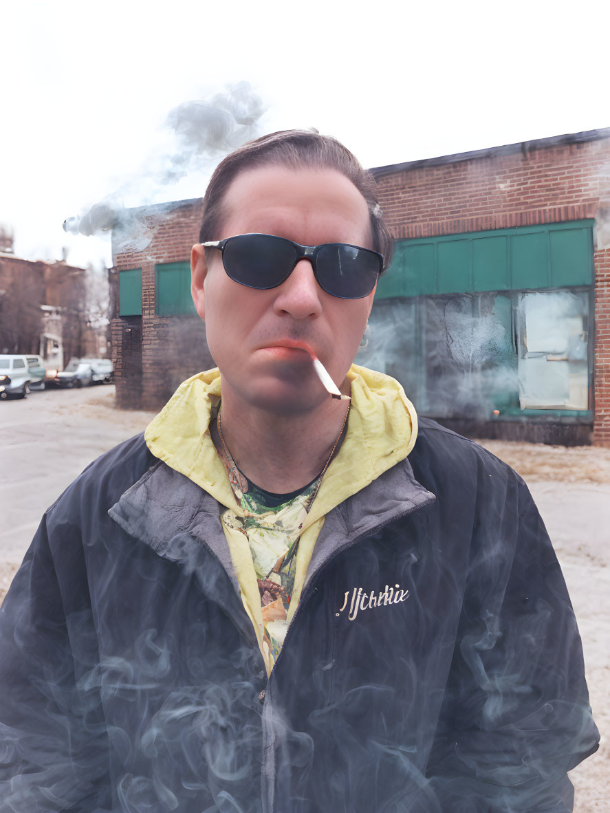 Man in sunglasses smoking cigarette in front of brick building wearing black jacket and yellow hoodie