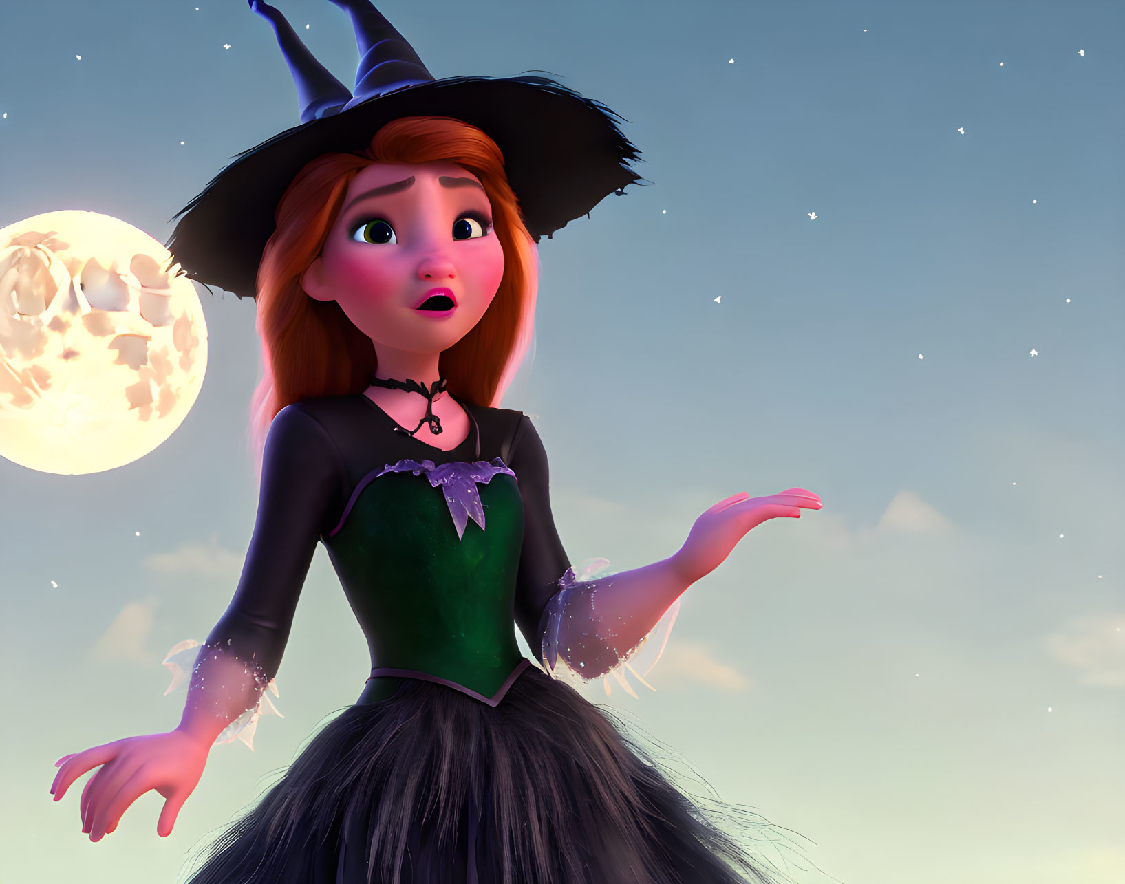 Red-haired animated witch under full moon in black hat and dress with green bodice.