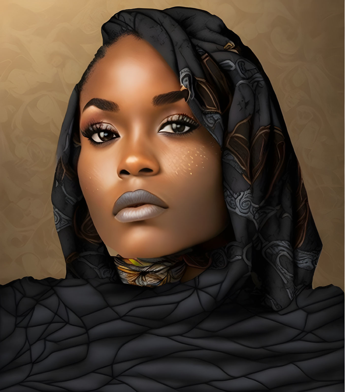 Illustrated portrait of woman with headscarf, freckles, and confident gaze on golden backdrop