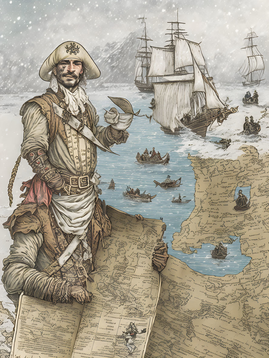 Illustrated pirate with map on tumultuous sea scene.